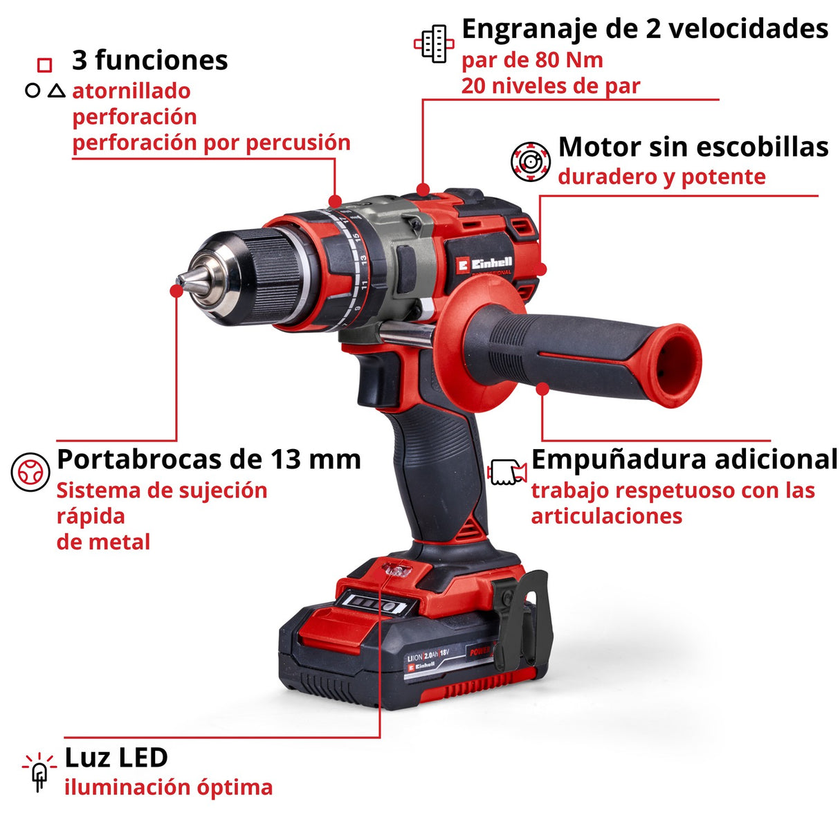 Kit Taladro Percutor Inalámbrico 18V 80 Nm TP-CD 18/80 2x2,0Ah Einhell - detalle 3