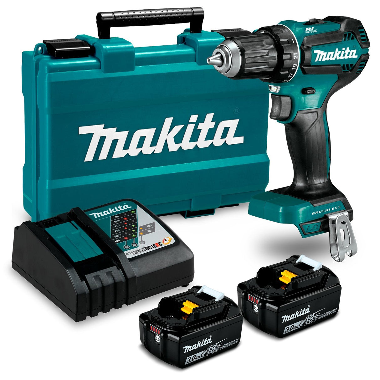 Taladro Atornillador Percutor 18V con 2 Baterías 3,0 Ah Makita