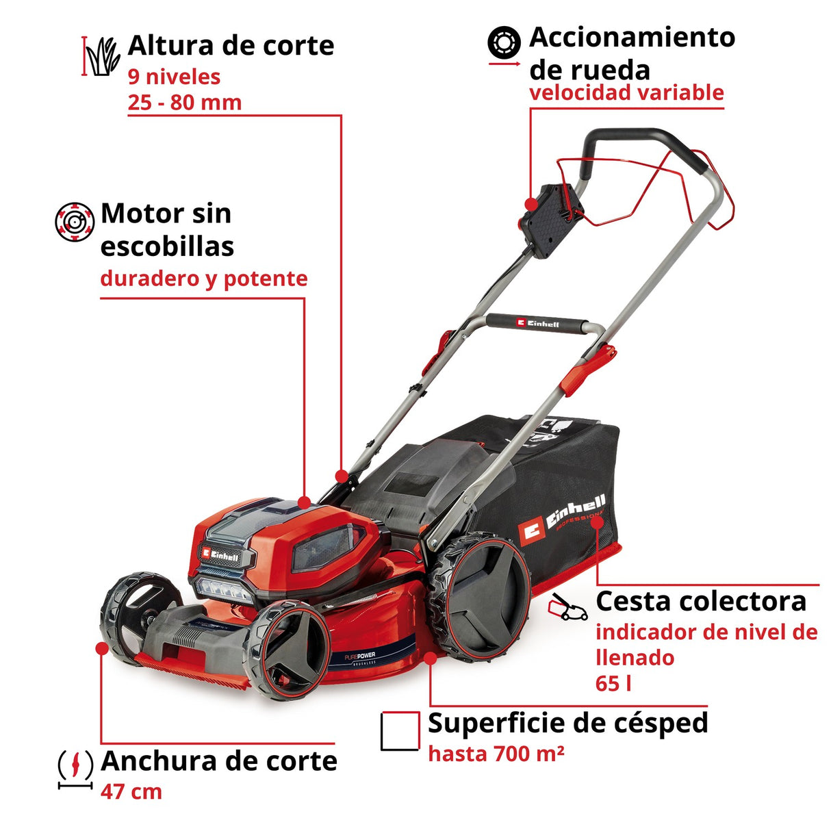 Kit Cortacésped Inalámbrico 2x18V 47 cm 65 L GP-CM 36/47 S 4x4,0Ah Einhell - detalle 3