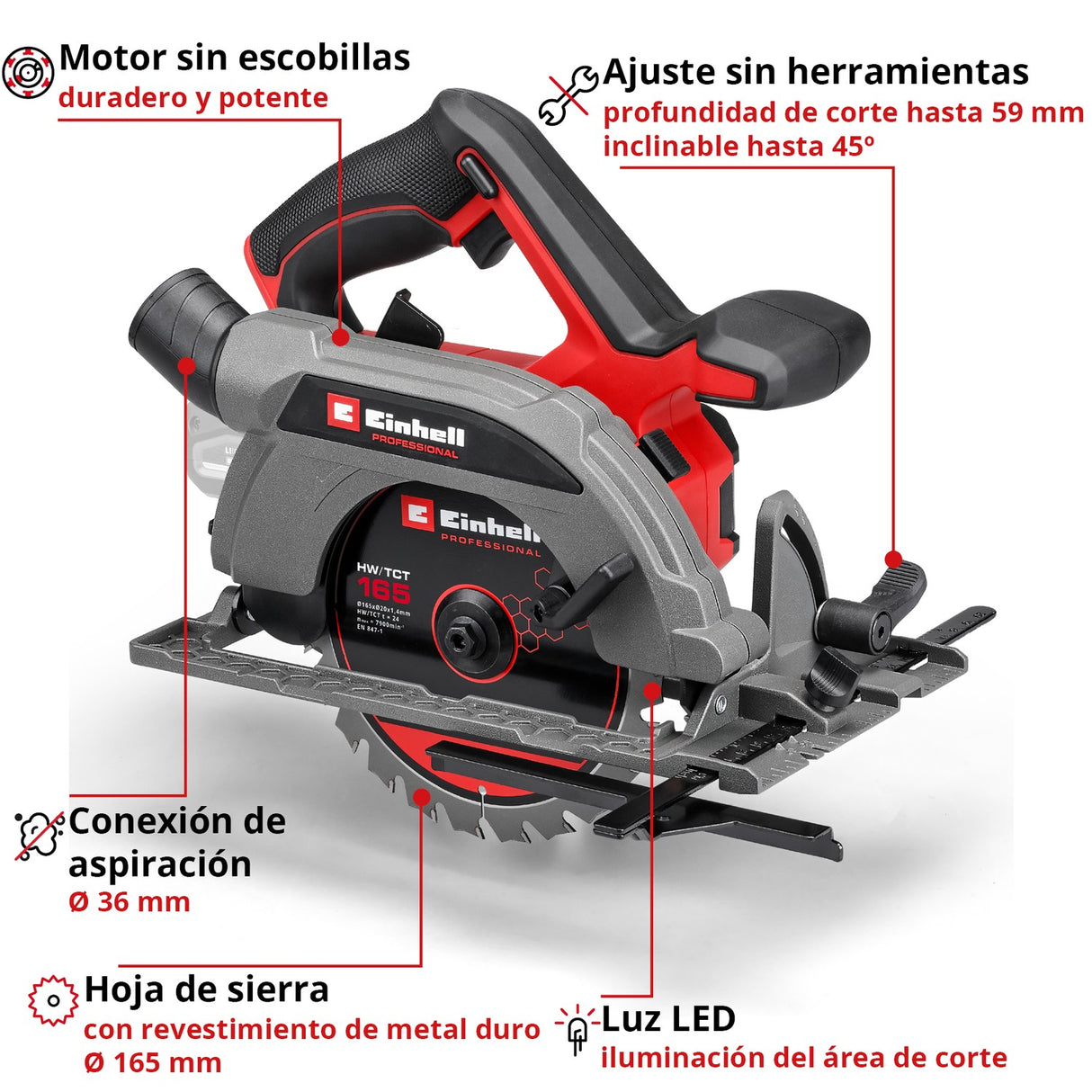 Sierra Circular Inalámbrica 18V 165 mm TP-CS 18/165 Solo Einhell - detalle 5