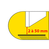 Esquema de uso de la Cuña Tope de Bloqueo M035Q Mottez: corte lateral de una puerta apoyada sobre la cuña, con la holgura acotada de 2 a 50 mm